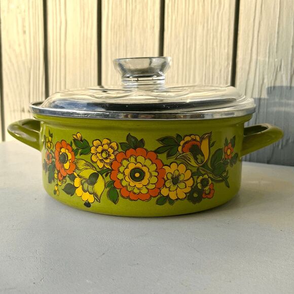VTG 70s Avocado Green Floral Enamel Pot w/ Glass Lid Retro Boho Kitchen Decor - Picture 2 of 14
